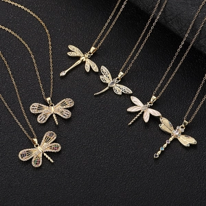Elegant gold plated dragonfly pendant necklaces with cubic zirconia in various designs