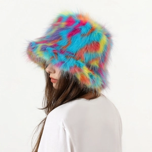 Detail of colorful tie-dye faux fur bucket hat showing soft plush texture and vibrant pattern