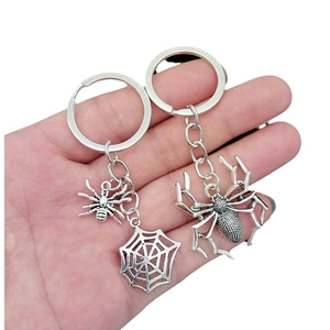 Silver spider and spiderweb keychain set made of metal alloy for Halloween decor