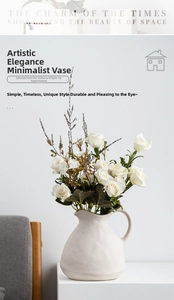 Detailed view of matte white ceramic pitcher vase with elegant artificial roses