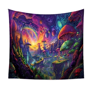Trippy psychedelic mushroom tapestry with neon stars and mountains wall hanging decor