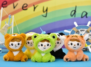 Detailed view of five cute animal costume plush doll pendants on a colorful background