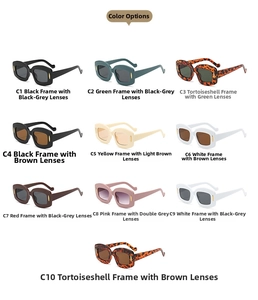 Detailed view of ten colorful Y2K square sunglasses with golden metal hinge accents