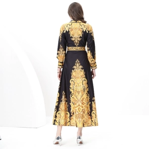 Maxi dress with golden baroque prints and matching waist belt, back view display