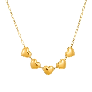 Polished gold-plated necklace featuring five heart charms on a classic cable chain