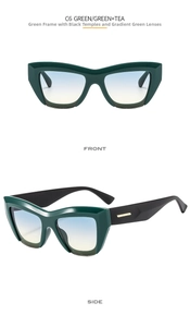 Front and side view of cat-eye sunglasses with dark green frames and gold temple detail