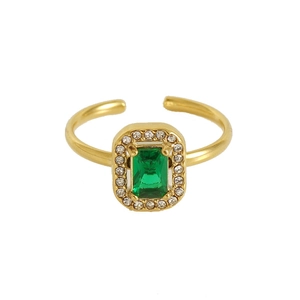 Adjustable 18K gold plated stainless steel ring with square green zircon and crystals