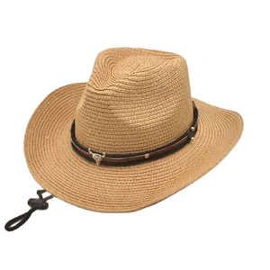 Western Cowboy Hat Straw Woven Panama Style With Bull Head Metal Buckle Adjustable Windproof Strap Sun Protection