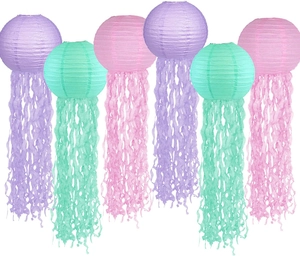 Set of 6 jellyfish paper lanterns in purple, pink and mint green for party decoration