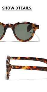 Detail of round tortoiseshell sunglasses with green lenses and star rivets on the temples