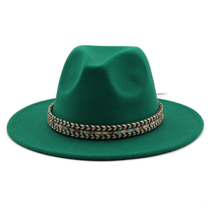 Emerald green wool fedora hat with ethnic woven band for men and women's winter style