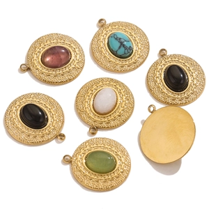Elegant round stainless steel pendants with colorful gemstones and woven texture