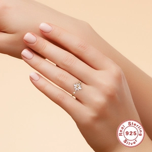 Elegant S925 sterling silver gold floral ring with marquise cut sparkling crystals