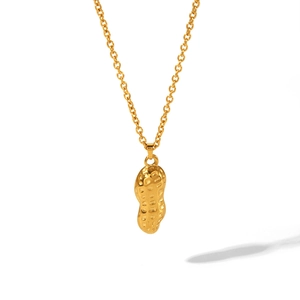 Detailed close-up of a gold-plated peanut pendant necklace with realistic texture
