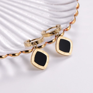 Fashionable gold square hoop earrings with black diamond inlay and Roman numeral details