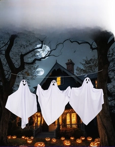 Three Halloween hanging white ghosts with different expressions for indoor and outdoor decor