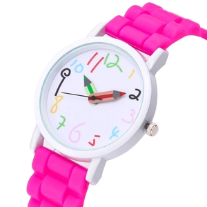 Close-up of kids quartz watch with colorful pencil-shaped hands and pink silicone strap