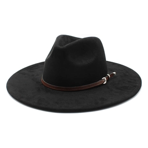 Ethnic Tibetan style black suede fedora hat with a brown leather belt and metal buckle