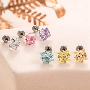 Set of 6 colorful 6mm square zircon titanium steel stud earrings on display stand