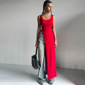 Robe Maxi Sans Manches Femme Fente Latérale Haute Moulante Col U Polyester Spandex Streetwear Été Sexy Coupe Ajustée