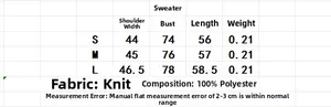 Detailed size chart for women knitwear set showing measurements for S, M, and L sizes
