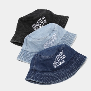 Denim Bucket Hat Cotton Letter Embroidery Sun Protection Retro Streetwear Casual Flat Top Sunshade Cap