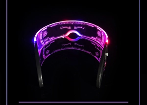 Macro detail of cyberpunk LED glasses featuring neon pink and blue HUD etched textures
