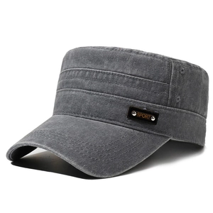 Washed dark gray cotton flat top cadet cap with sport patch and vintage distressed finish
