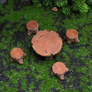 Micro landscape fairy garden set featuring resin tree stump table and four stools