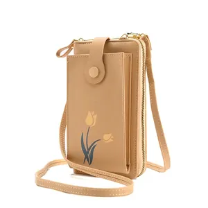 Tulip Print PU Leather Mobile Phone Bag Crossbody Wallet For Women Vertical Square Zipper Small Shoulder Pouch