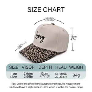 Size chart for 5-panel embroidery cap showing visor, depth, and head circumference