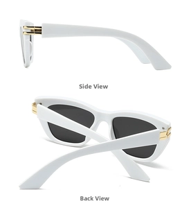 Detailsicht der weißen quadratischen Sonnenbrille mit goldenen Metallscharnieren