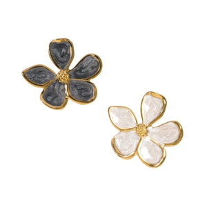 Boucles d'oreilles fleur vintage en acier inoxydable avec émail noir et blanc
