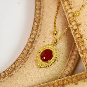 French vintage 14K gold plated stainless steel necklace with oval red gemstone pendant