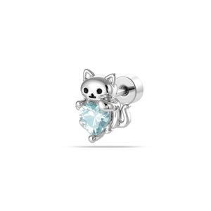 Silver cat stud earring with light blue heart zircon and flat back screw for cartilage