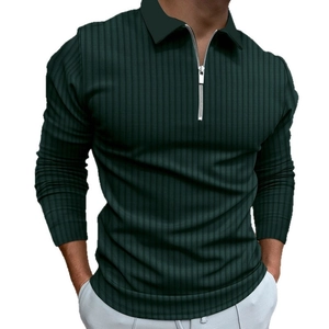 Men's dark green long sleeve polo shirt with vertical ribbed texture and zip collar