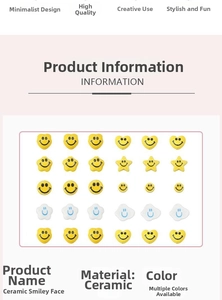 Detailed view of yellow ceramic smiley beads in heart star and flower shapes for DIY jewelry