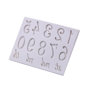 White silicone number mold for fondant and chocolate featuring digits 0 to 9 and suffixes