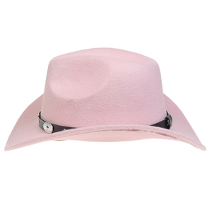 Close-up of pink western cowboy hat featuring black leather band and silver metal buckles
