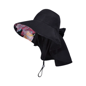 Women black wide brim sun hat with floral lining and neck protection shawl