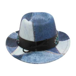 Kids vintage denim patchwork fedora hat with embroidered leather band and sun protection