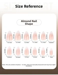 Size chart for almond-shaped press-on nails with 12 precise length and width measurements