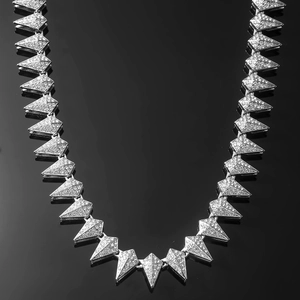 Iced out silver triangle pendant necklace for men with full rhinestones on black background