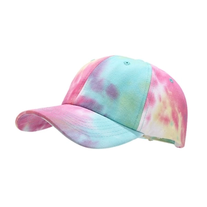 Pastel tie-dye baseball cap with pink and blue gradients shown in a 45-degree front view