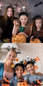 Detail shot of Halloween party headbands featuring bats, pumpkins, skulls and black cats