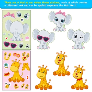 6 sheets of DIY cartoon animal stickers featuring mix and match elephant and giraffe designs