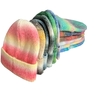 Women Fashion Gradient Tie-Dye Knitted Beanie Rainbow Color Thickened Warm Wool Hat Winter Outdoor Brimless Cuff Cap