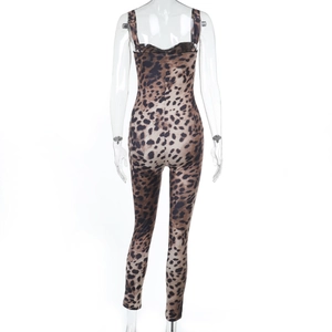 Detailed back view of leopard print bodysuit featuring slim fit cut and thin straps