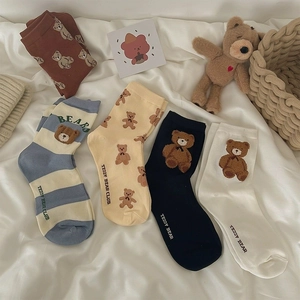 Cute Teddy Bear Mid-Calf Crew Socks For Women Sweet Korean Style Striped Embroidery Soft Knit Fashion Hosiery