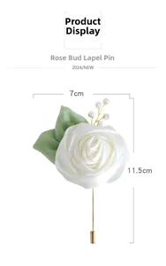 Detailed dimensions of white satin rose boutonniere featuring 7cm width and 11.5cm height